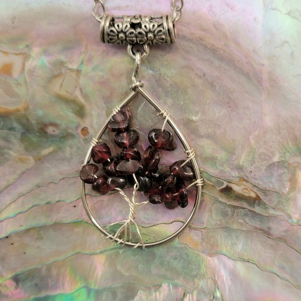 Garnet Tree of Life Teardrop Pendant Necklace with Chain